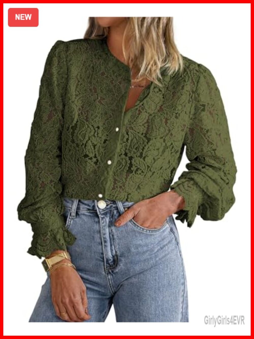 Women's Long Sleeve Lace Button Down Blouse Crewneck Work Top